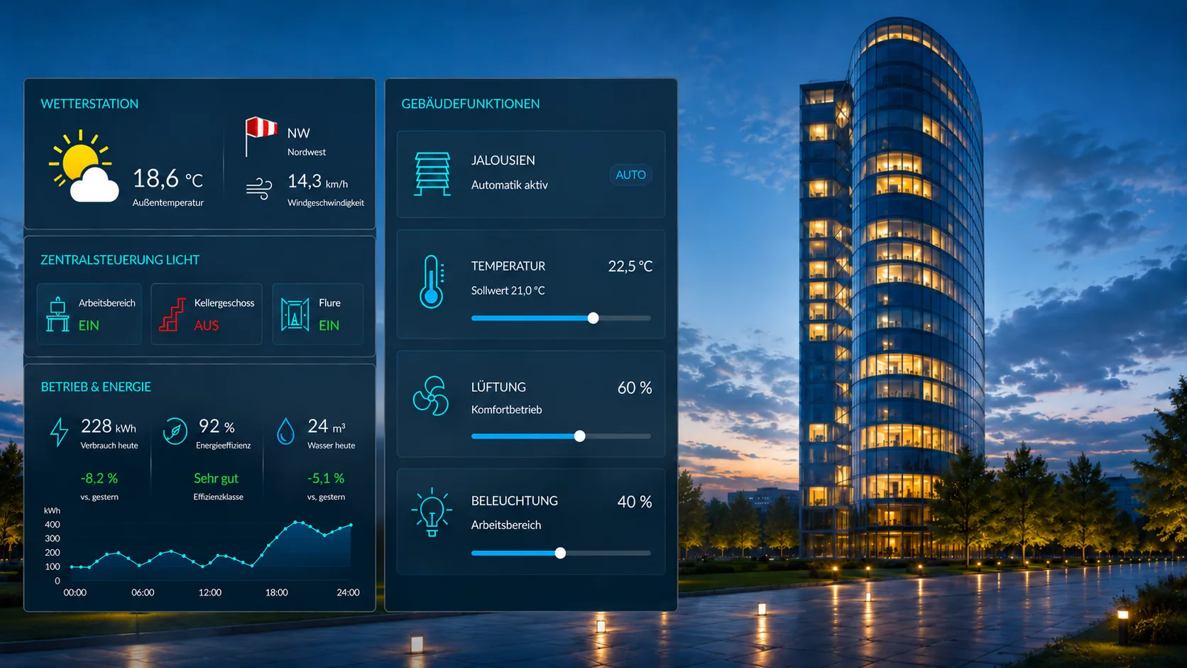 Modernes Gebäude in der Dämmerung mit Gebäudeautomations-Visualisierung