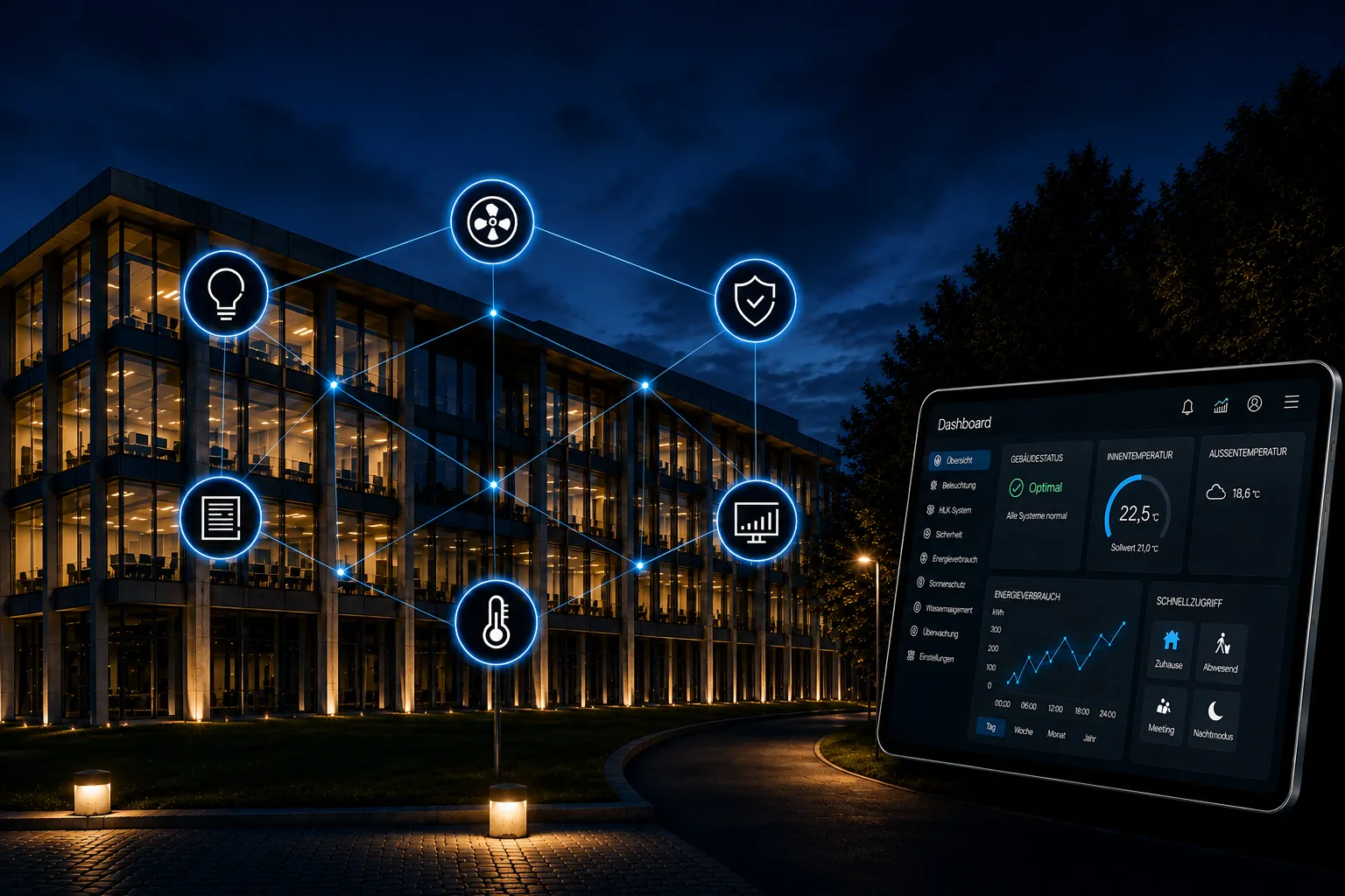 Gebäudeautomation bei Nacht mit sechs vernetzten Funktionsbereichen und Dashboard-Visualisierung